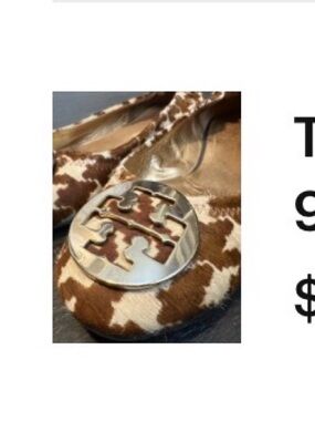 Tory Burch Brown and White Cavalry Print Reva Flat with Logo Medallion